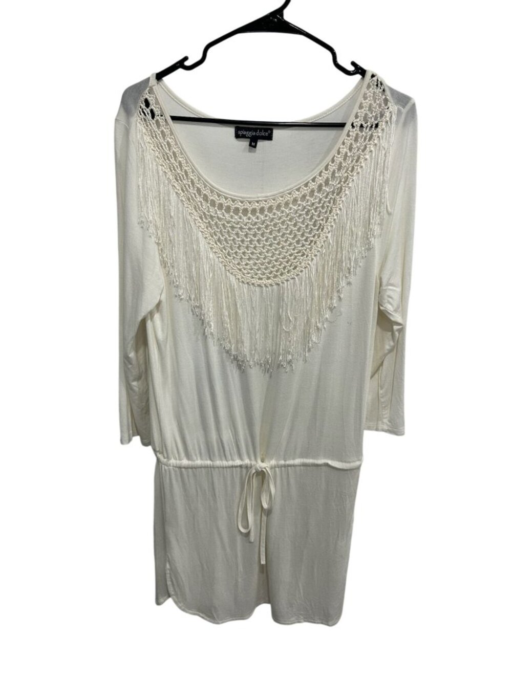 Spiaggia Dolce Medium White Fringe Crochet Tunic Dress Boho Chic Ethereal